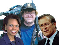From left to right: Condoleezza Rice, Michael Moore, and Donald H. Rumsfeld.